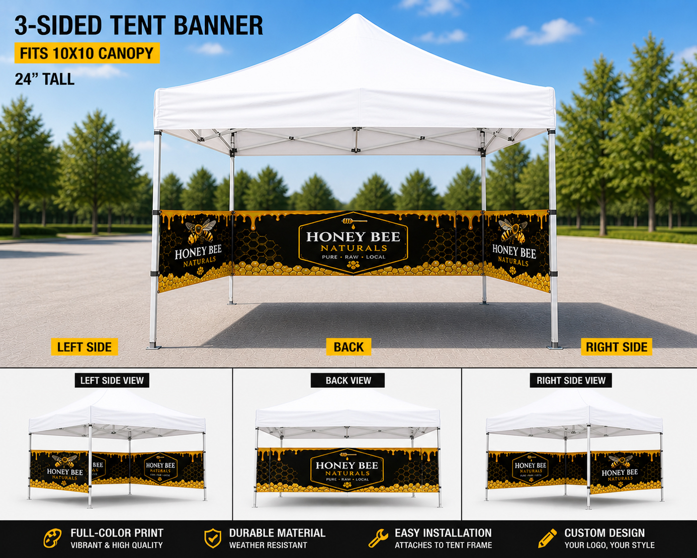 Custom 3-Sided Tent Banner for 10x10 Canopy – 24” Tall Vendor Booth Wrap - Image 2