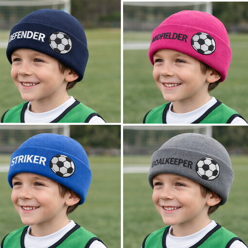 Beanies with soccer ball and position on a boy
