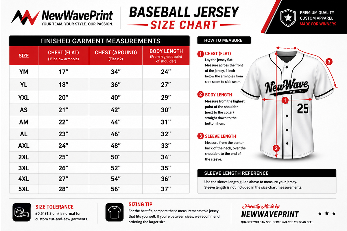 Newwaveprint Baseball button up jerseys size chart.