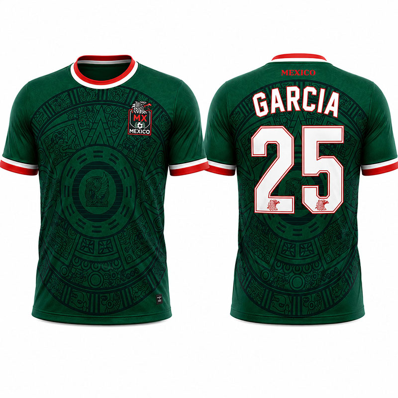 Custom Mexico soccer jersey with name and number – green Aztec design, Phoenix USA made